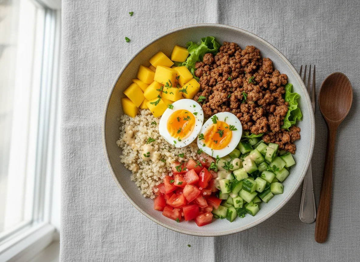 Quinoa-Bowl mit Hackfleisch, Ei und Salat photo