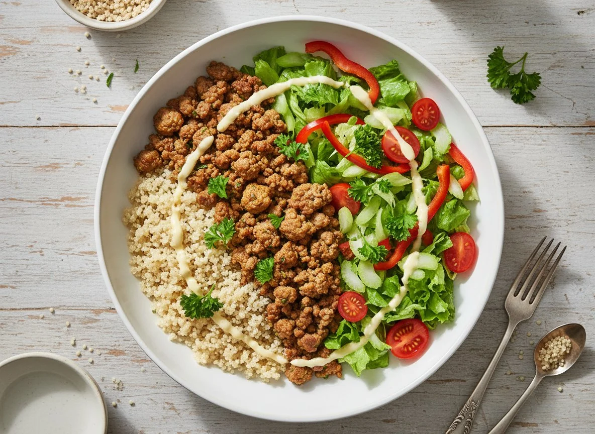 Quinoa-Bowl mit Hackfleisch und Salat photo