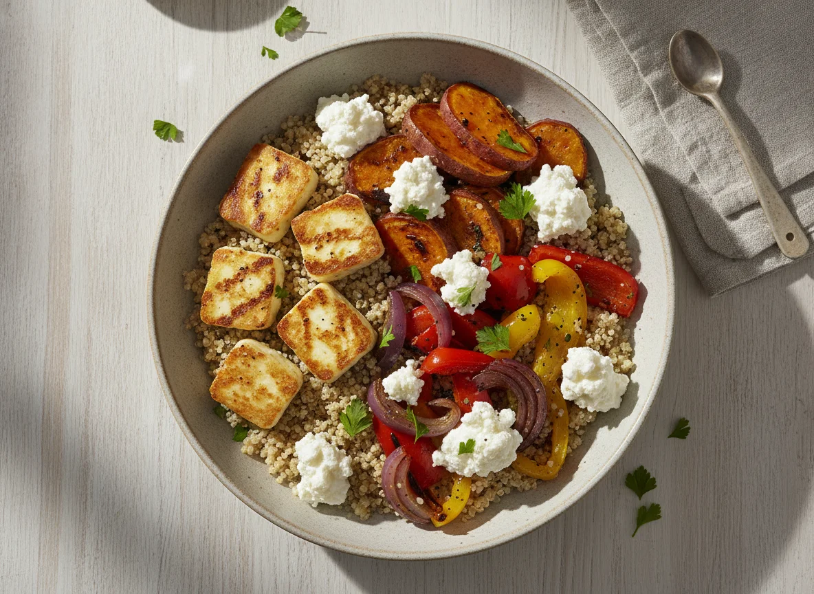 Quinoa-Bowl mit Halloumi und Süßkartoffeln photo