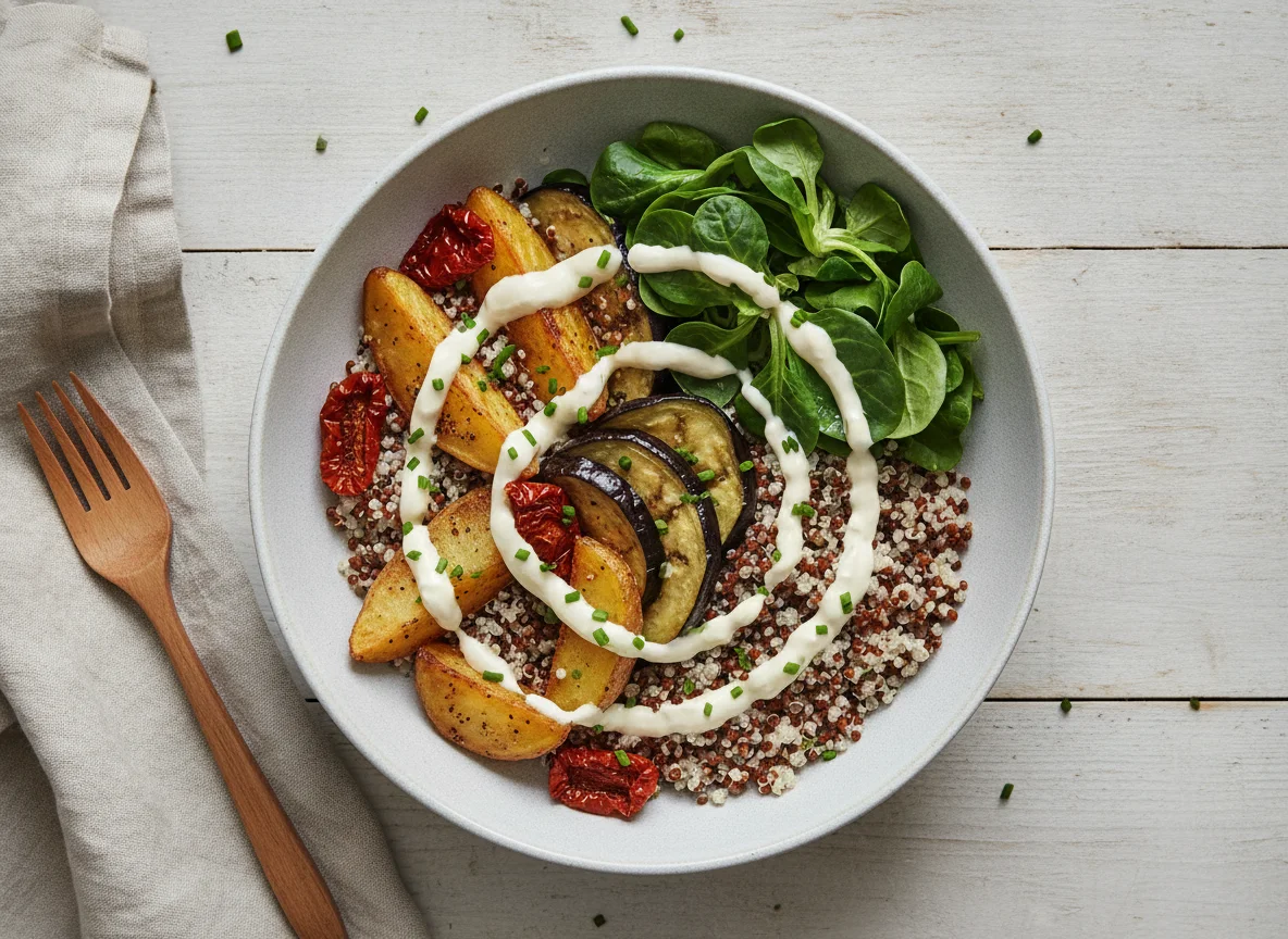 Quinoa-Bowl mit Ofengemüse und Sauce photo