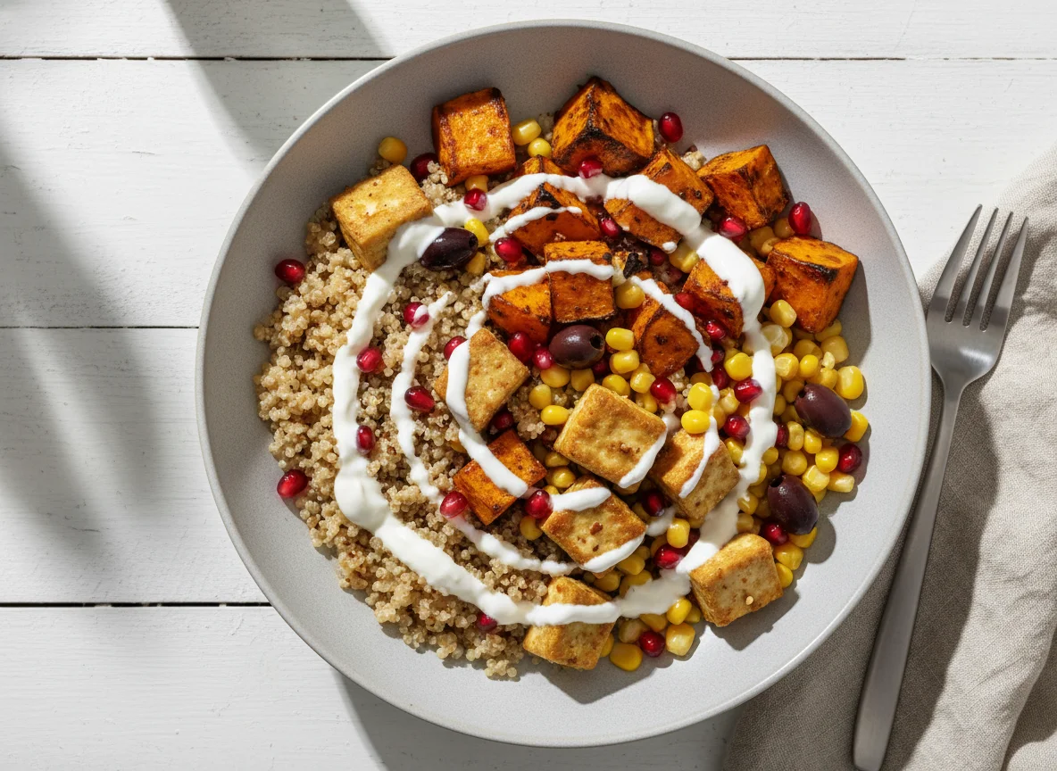 Quinoa-Bowl mit Süßkartoffel, Tofu und Granatapfel photo