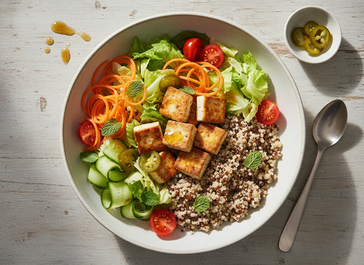 Quinoa-Bowl mit Tofu und Salat photo