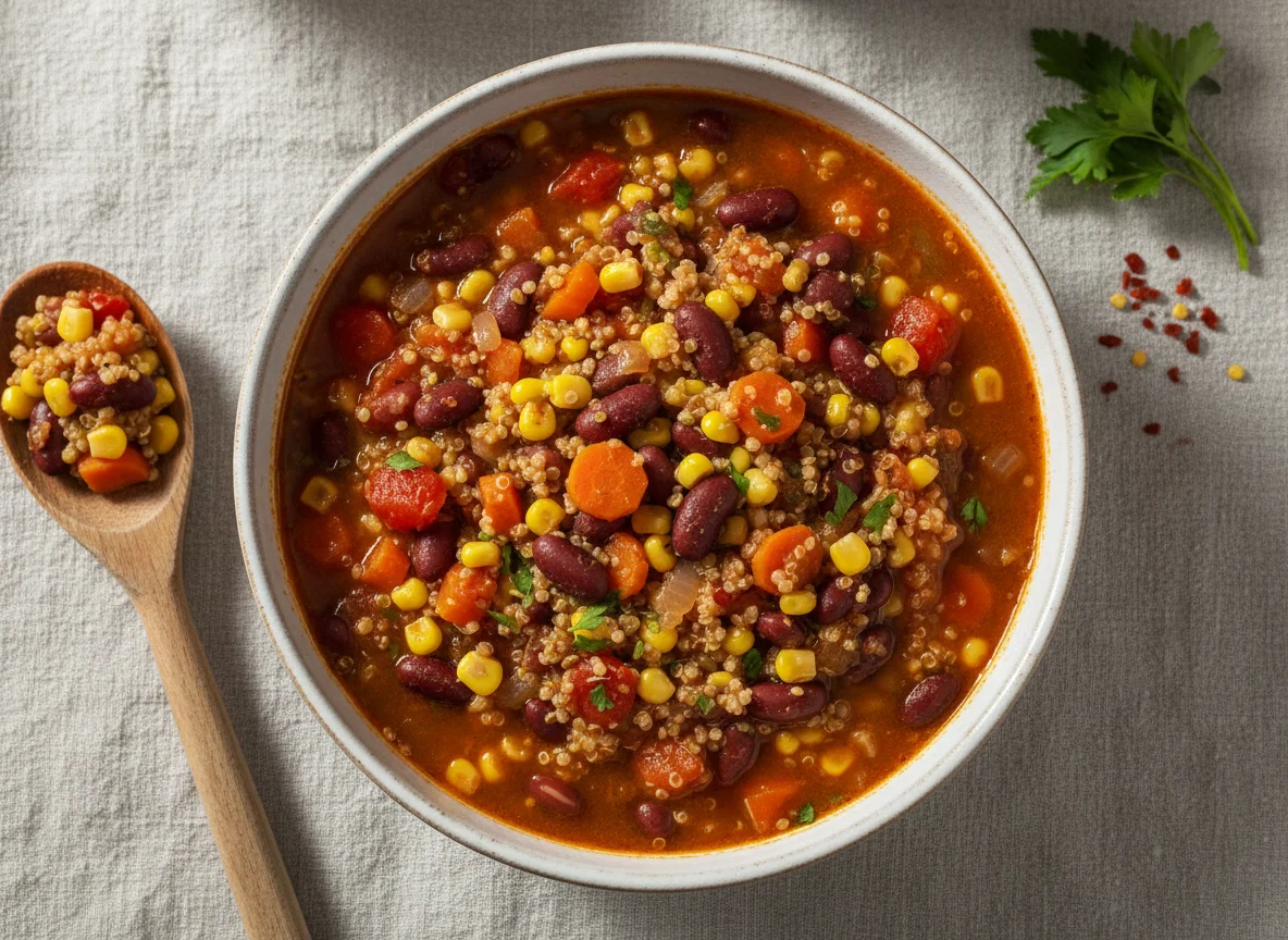 Quinoa-Eintopf mit Bohnen, Mais und Karotten photo