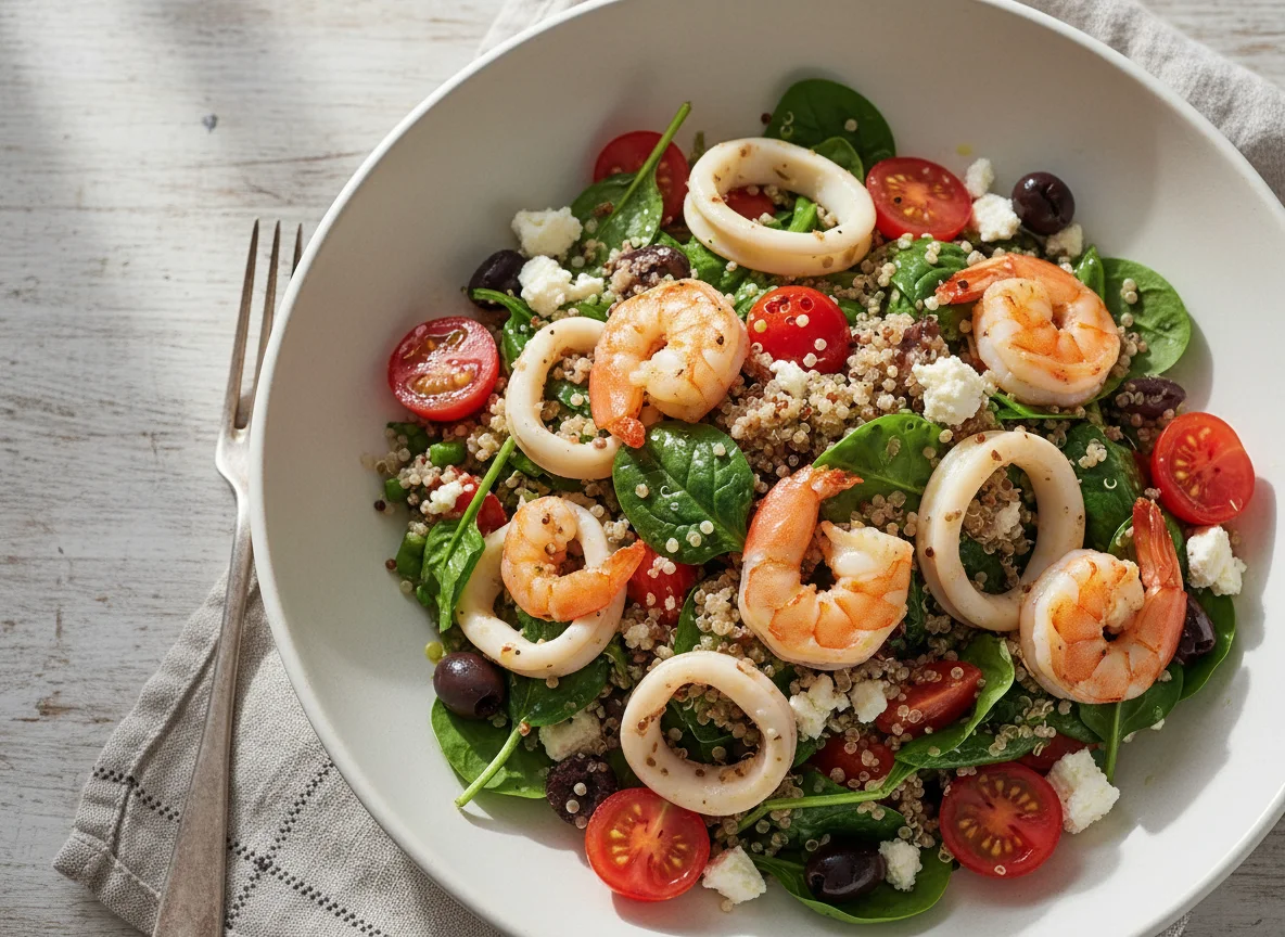 Quinoa-Salat mit Garnelen und Tintenfisch photo