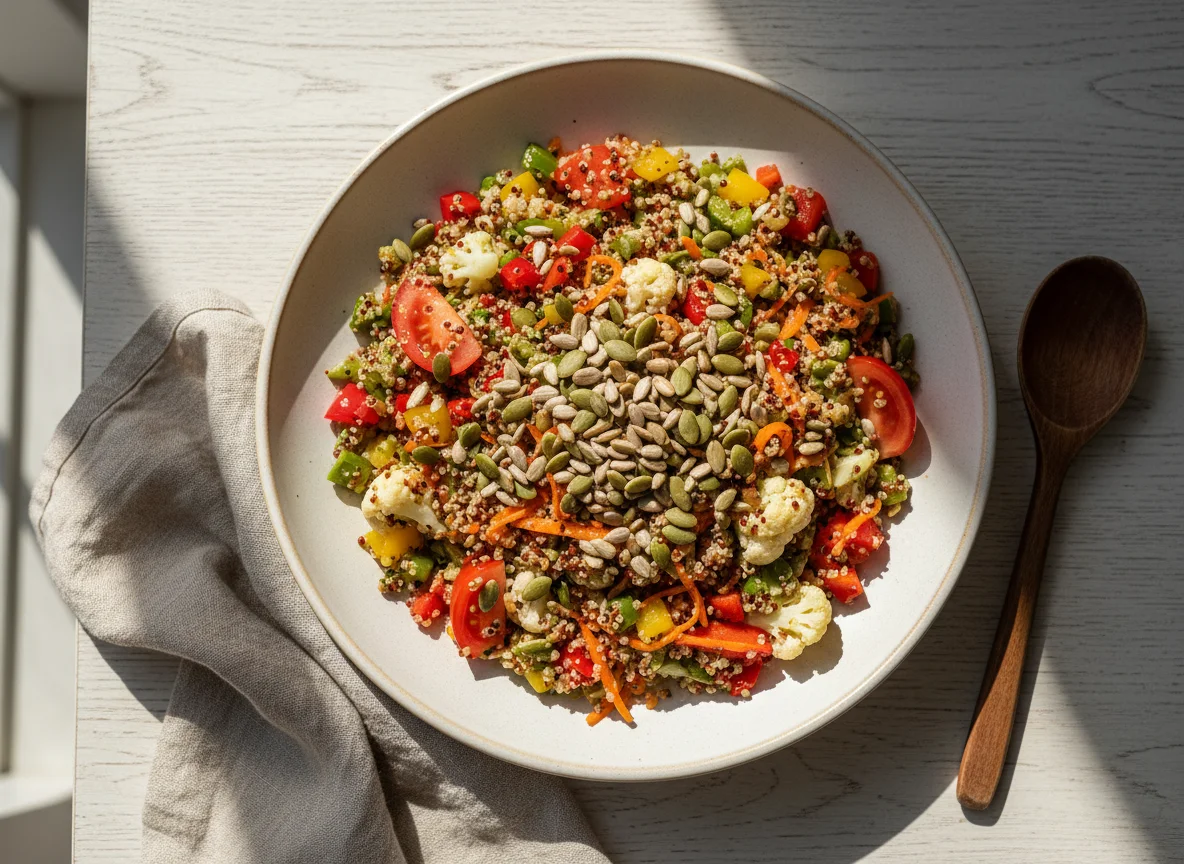 Quinoa-Salat mit Gemüse und Kernen photo