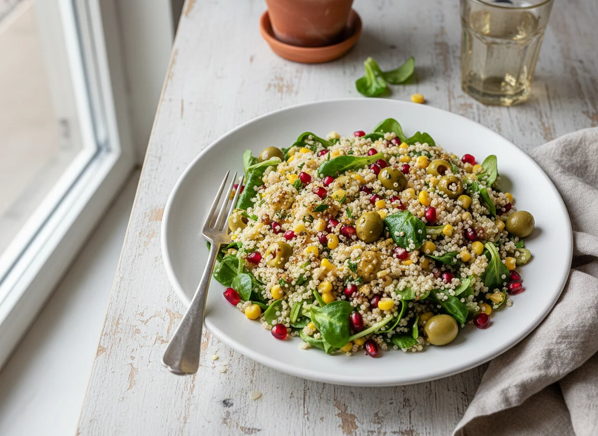 Quinoa-Salat mit Mais, Granatapfel und Feldsalat photo