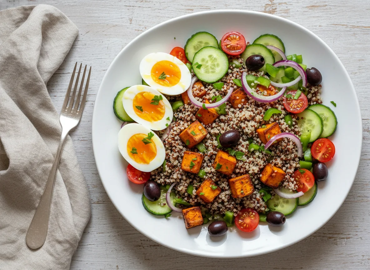 Quinoa-Salat mit Süßkartoffel und Ei photo