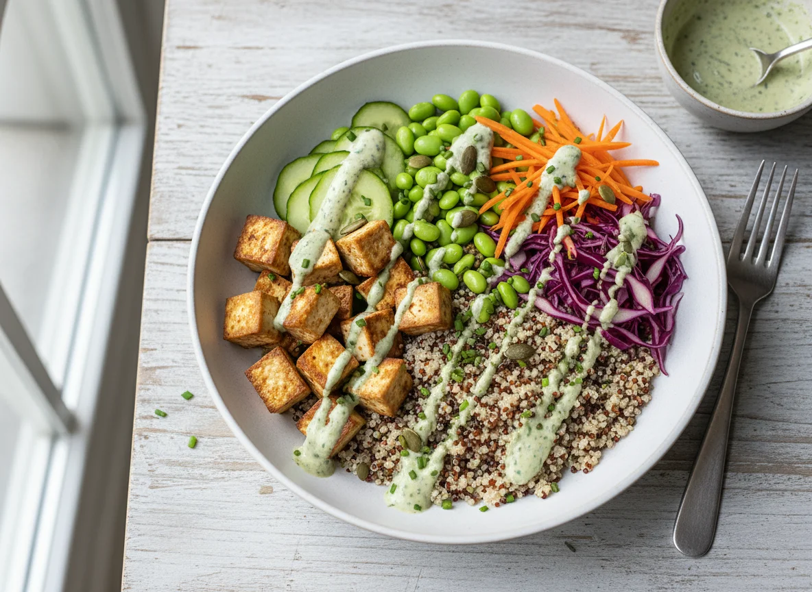 Quinoa-Tofu-Bowl mit Gemüse photo