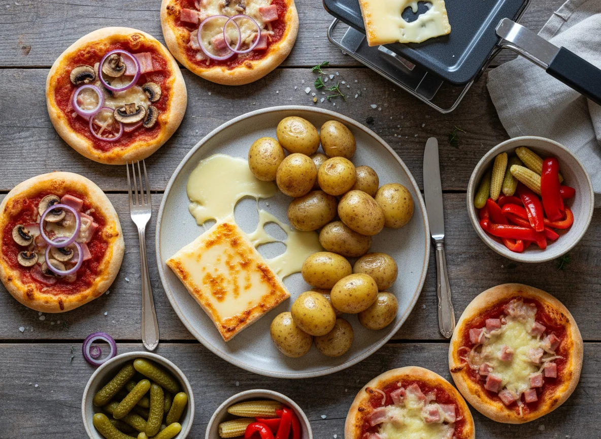 Raclette mit Beilagen und Mini-Pizza photo