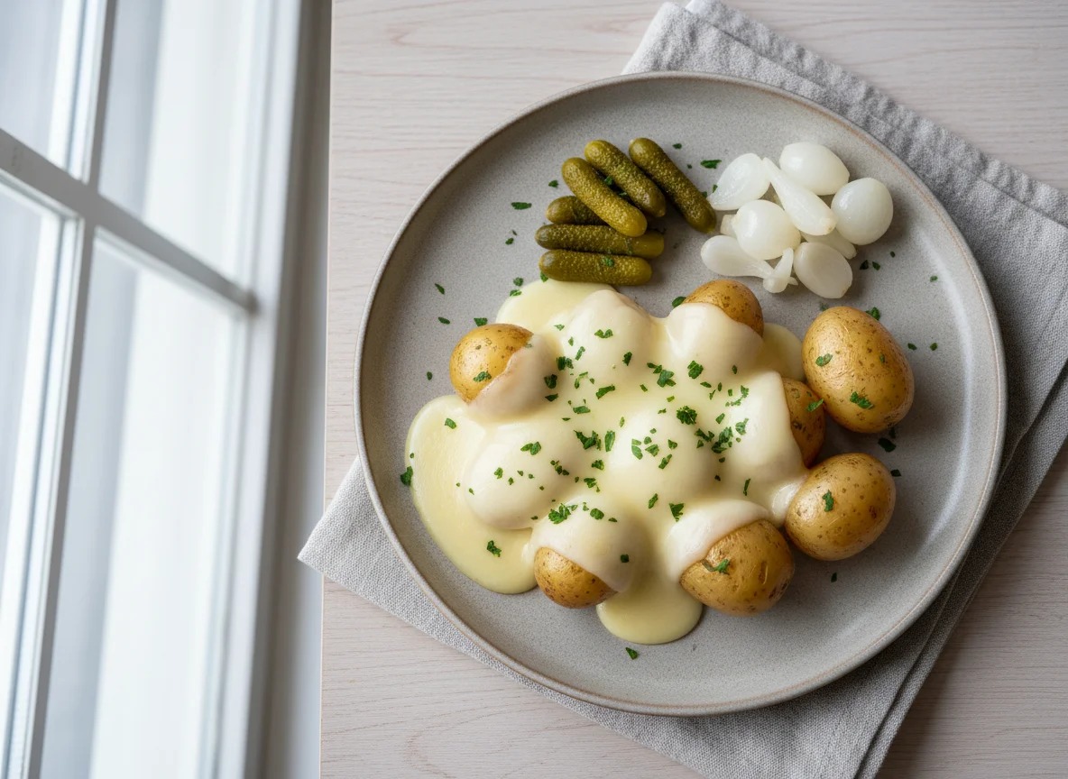Raclette mit Kartoffeln und Beilagen photo
