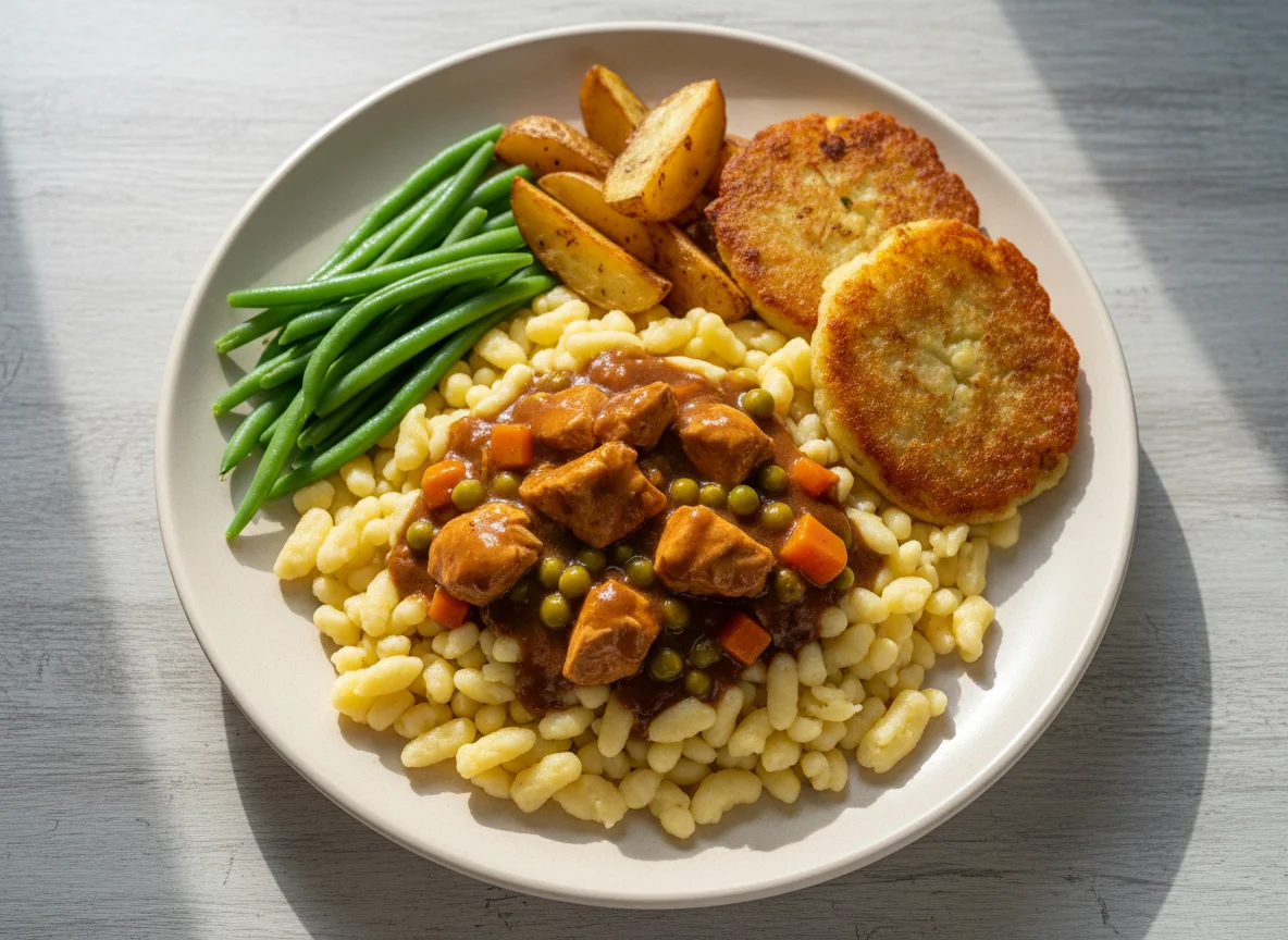Ragout mit Spätzle, grünen Bohnen und Kartoffelpuffer photo