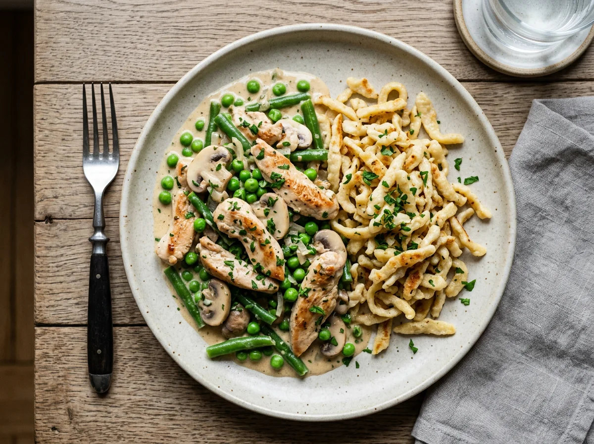 Rahmgeschnetzeltes mit Hähnchen und Spätzle photo