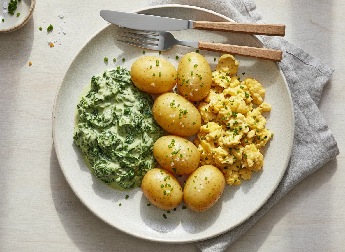 Rahmspinat mit Salzkartoffeln und Rührei photo