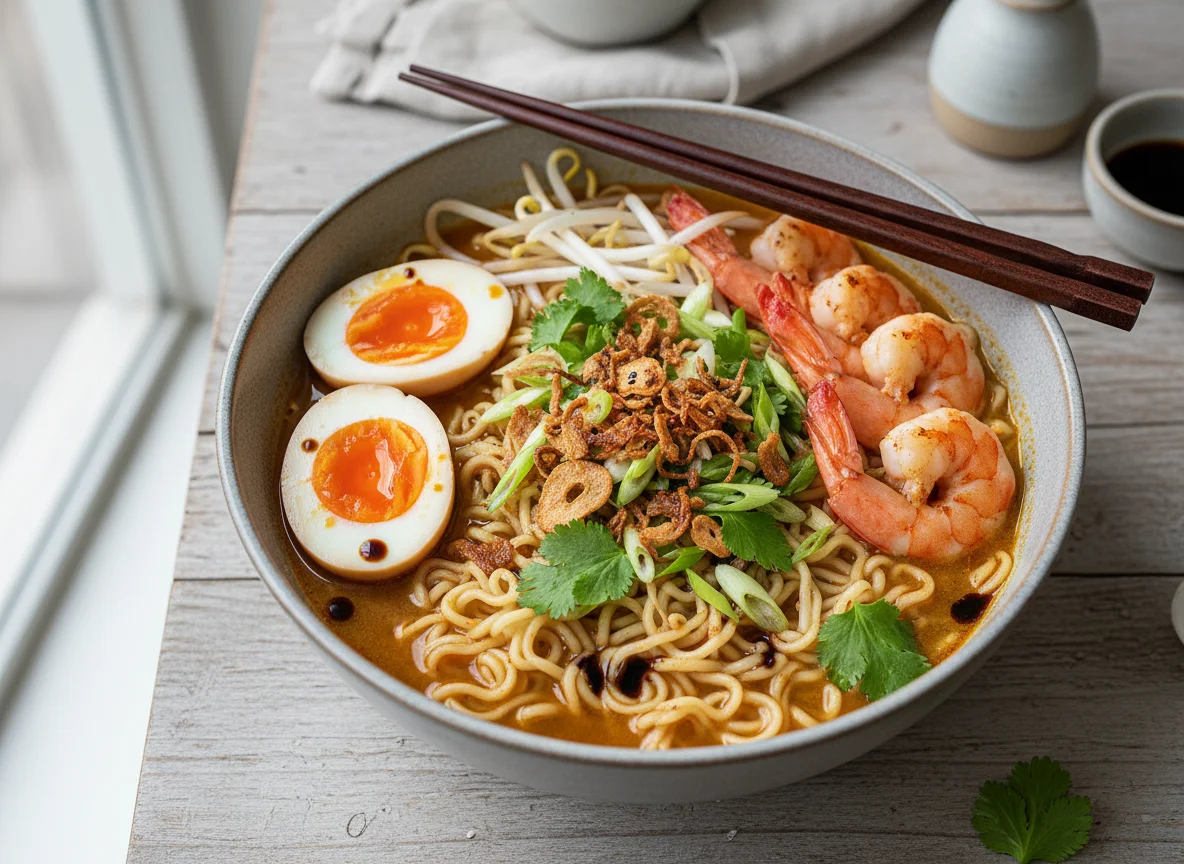 Ramen mit Garnelen und Ei photo