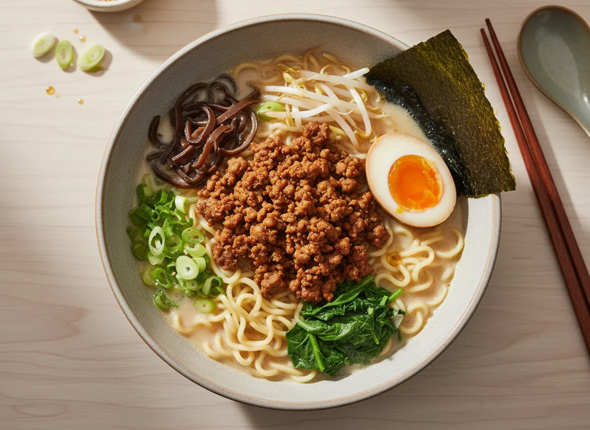 Ramen mit Hackfleisch und Ei photo