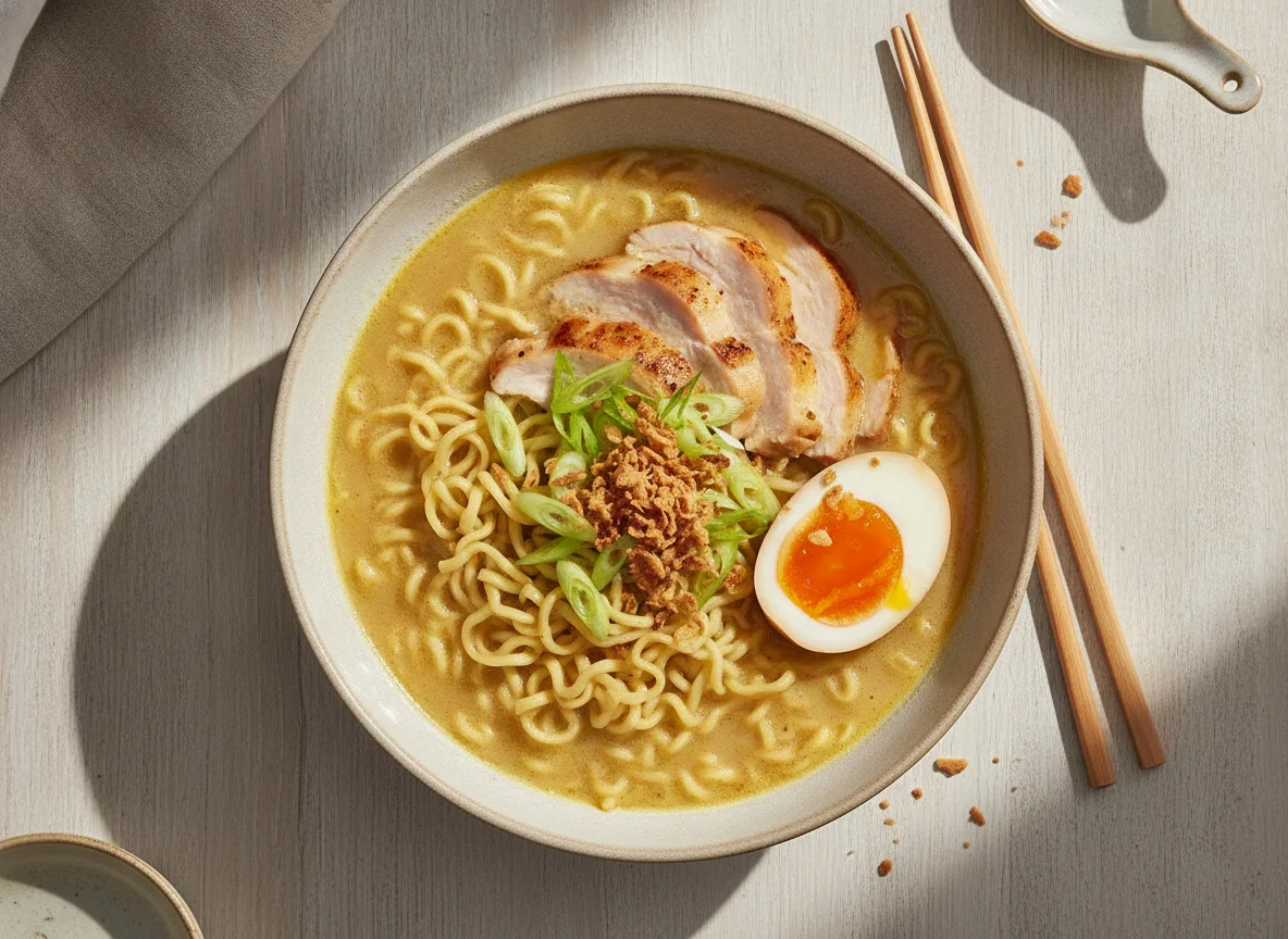 Ramen mit Hühnerfleisch und Hühnerbrühe photo