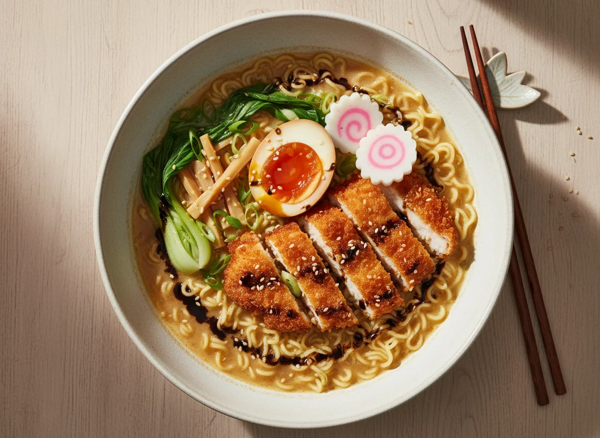 Ramen mit knusprigem Hähnchen und Ei photo