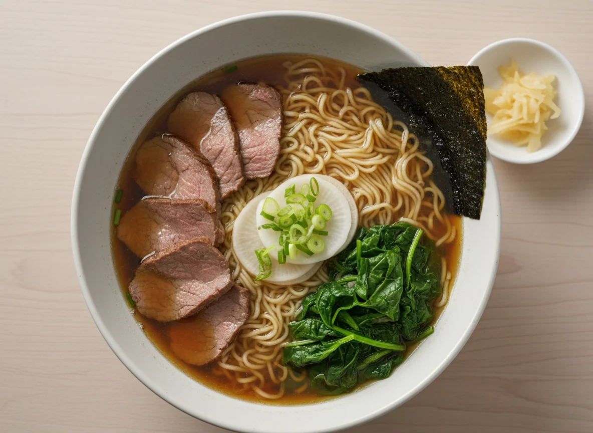 Ramen mit Rindfleisch und Spinat photo