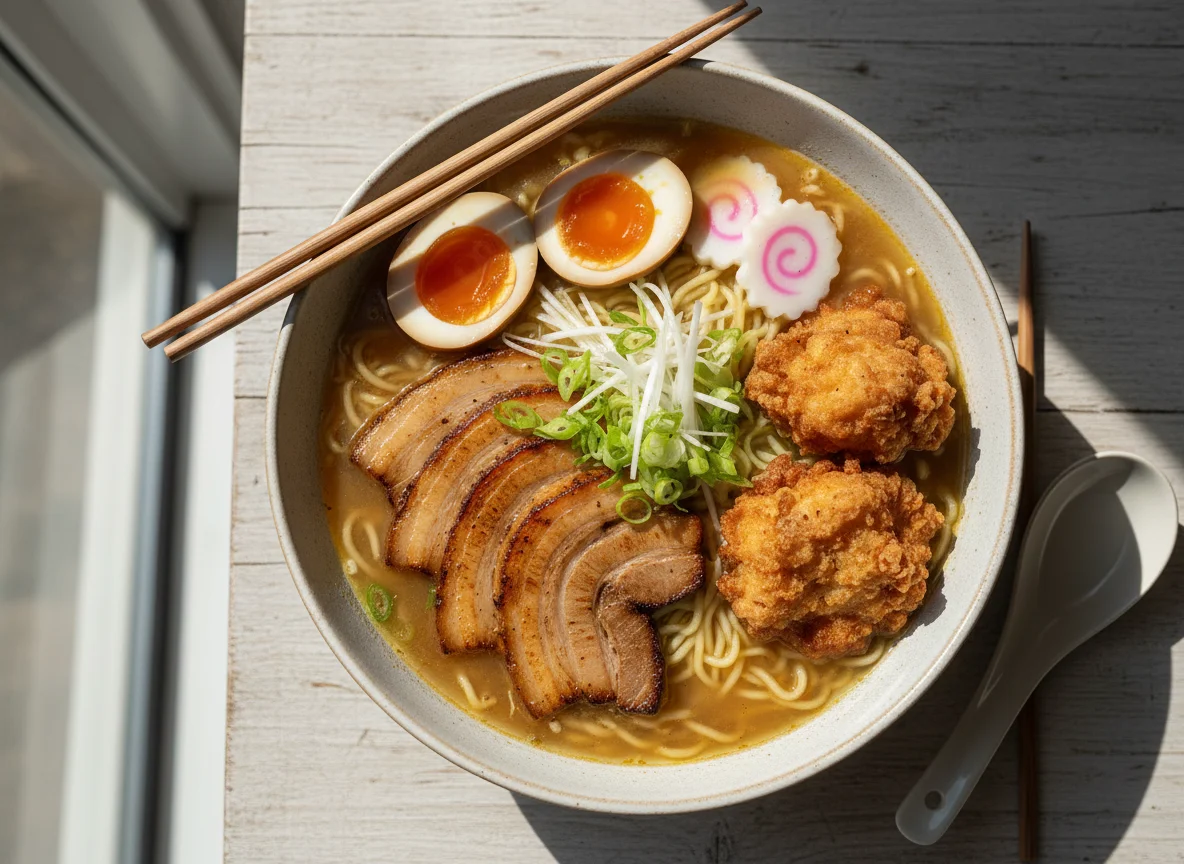 Ramen mit Schweinefleisch und frittiertem Hähnchen photo