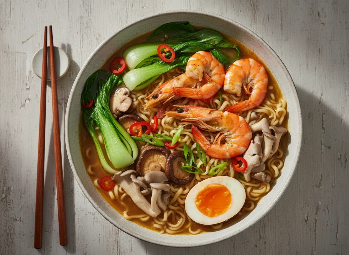 Ramen Nudeln mit Garnelen und Gemüse photo