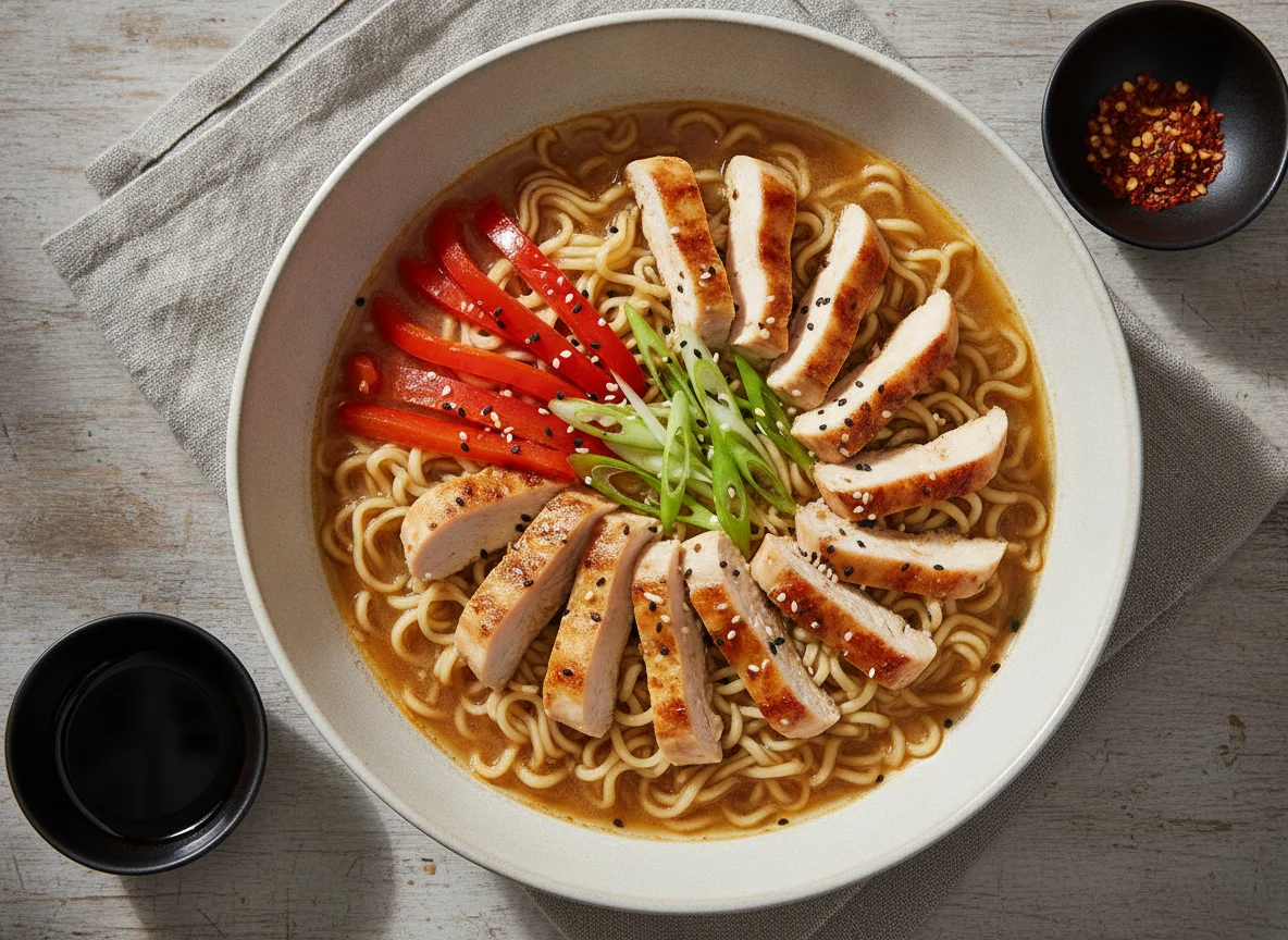 Ramen Nudeln mit Huhn und Gemüse photo