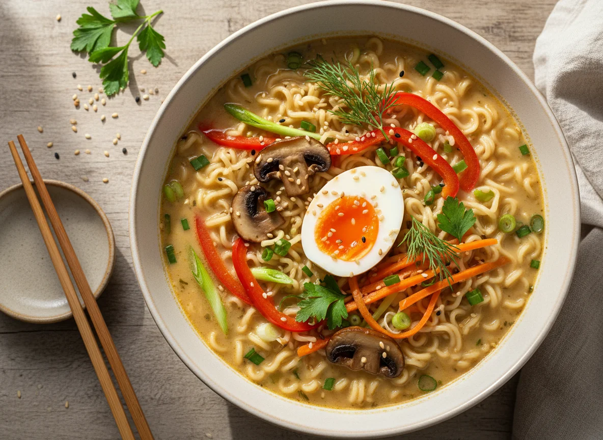 Ramen-Nudelsuppe mit Ei und Gemüse photo