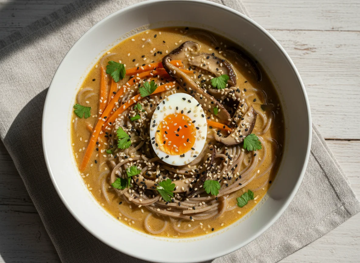 Ramen-Suppe mit Ei und Gemüse photo