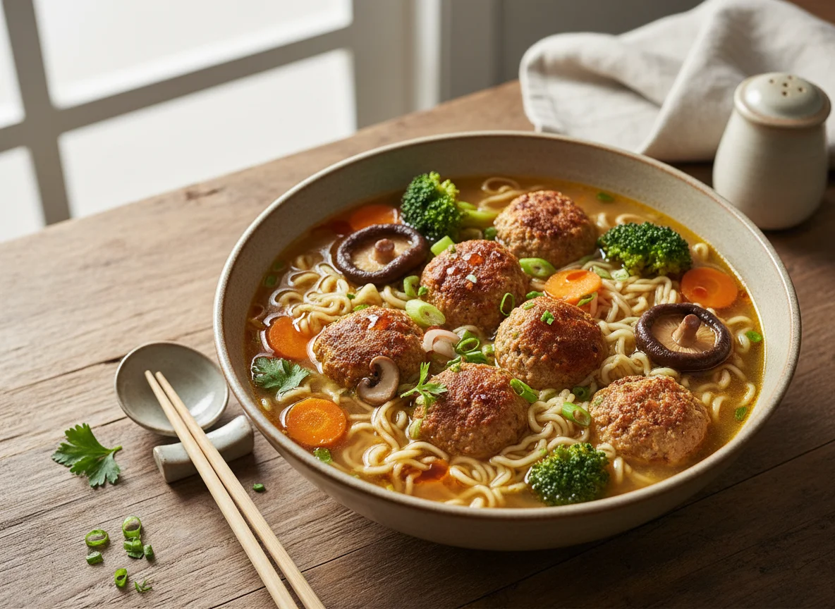 Ramen-Suppe mit Gemüse und Fleischbällchen photo