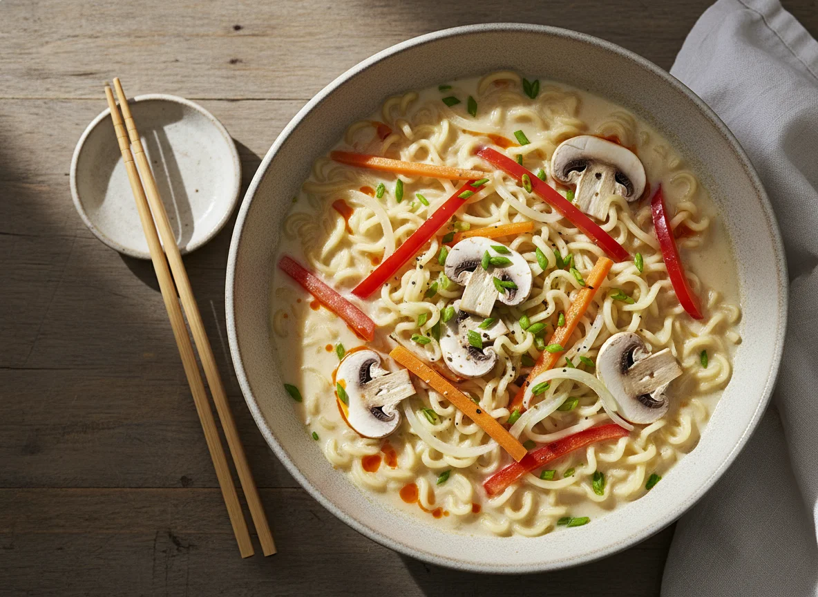 Ramen-Suppe mit Pilzen und Gemüse photo