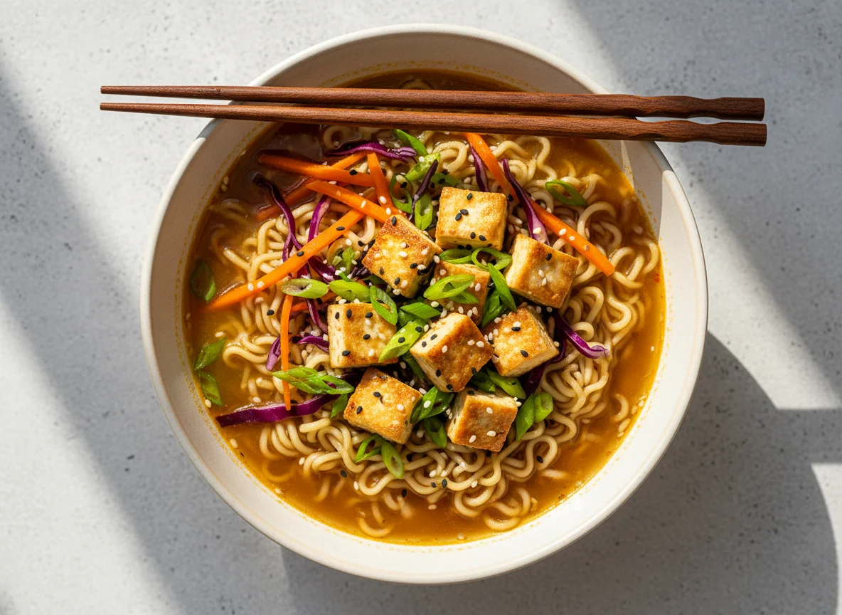 Ramen-Suppe mit Tofu und Gemüse photo