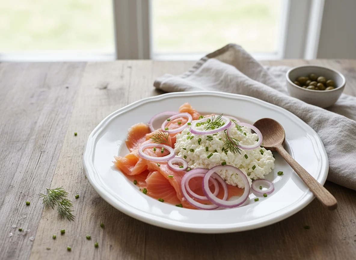 Räucherlachs mit Hüttenkäse und Zwiebeln photo