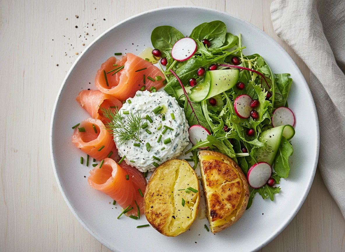 Räucherlachs mit Kräuterquark und Salat photo