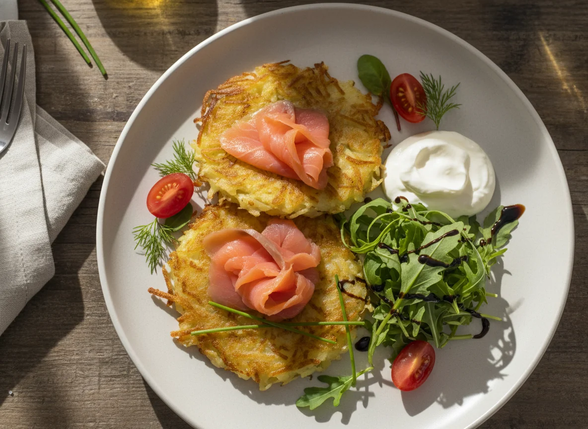 Räucherlachs mit Rösti und Sauerrahm photo