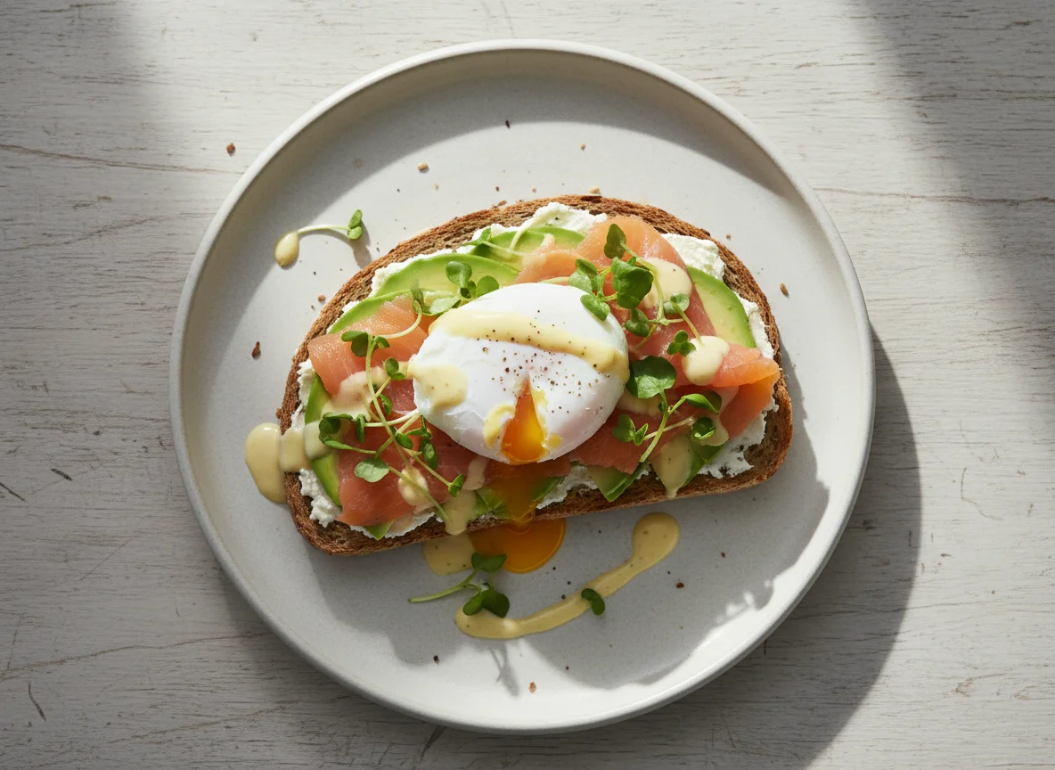 Räucherlachs-Avocado-Brot mit pochiertem Ei und Sauce Hollandaise photo