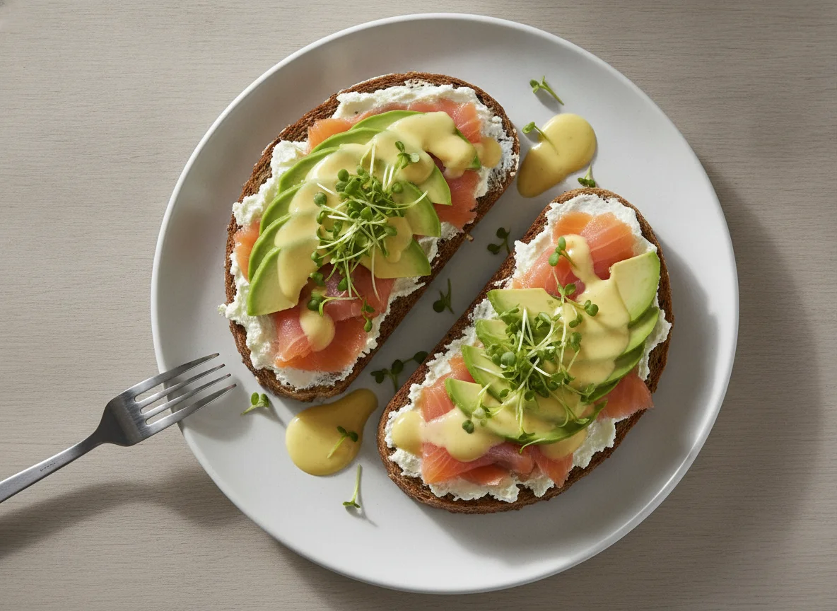 Räucherlachs-Avocado-Brot mit Sauce Hollandaise photo