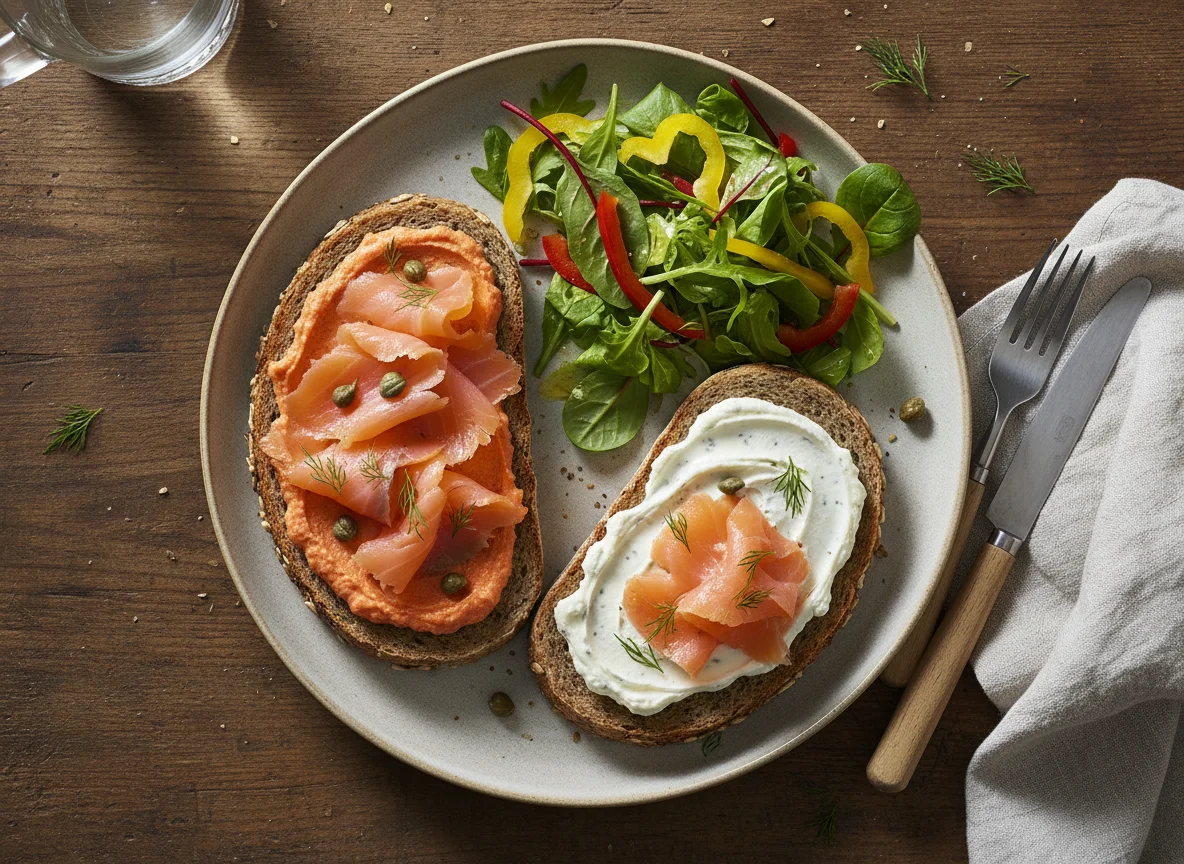 Räucherlachs-Brot mit Aufstrich und Salat photo