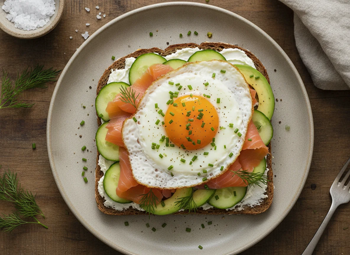 Räucherlachs-Brot mit Spiegelei und Avocado photo