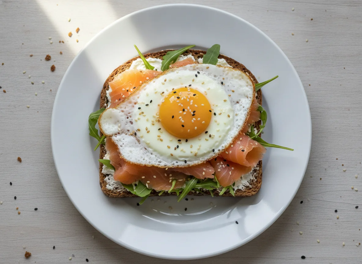 Räucherlachs-Brot mit Spiegelei und Rucola photo