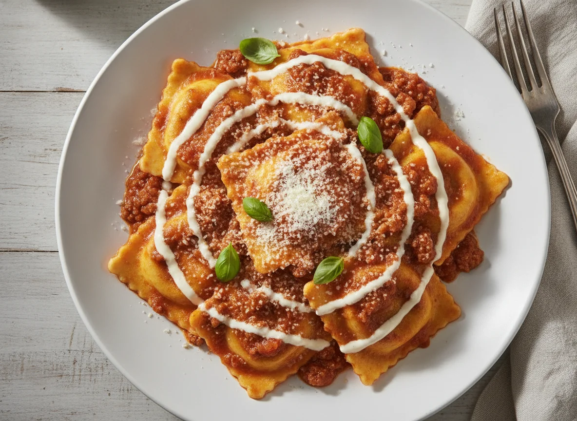 Ravioli mit Bolognese-Sauce und Parmesan photo