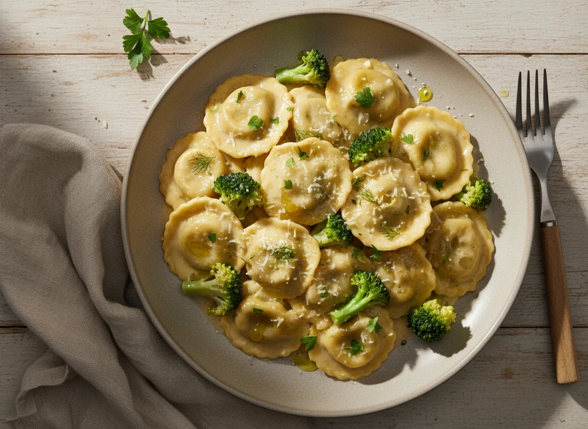 Ravioli mit Brokkoli und Sahnesauce photo