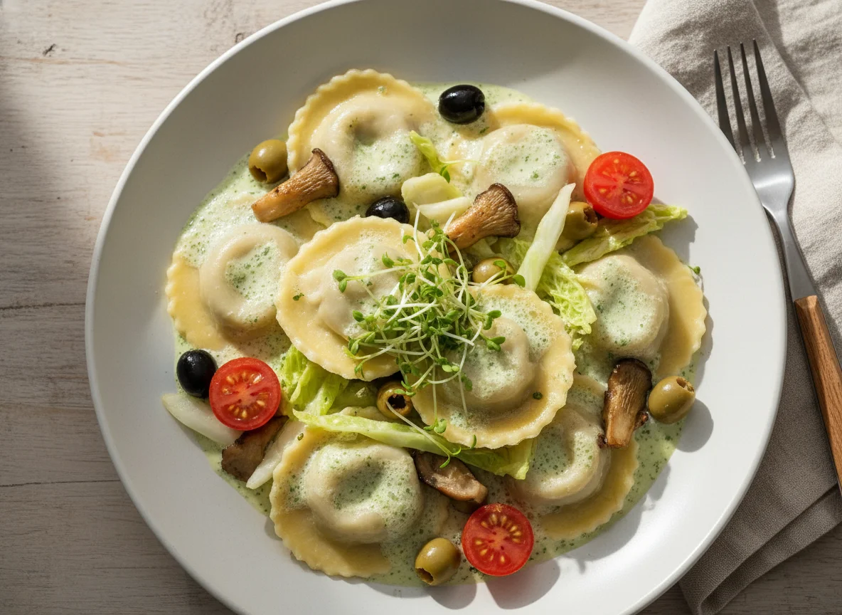 Ravioli mit Gemüse und Schaum photo