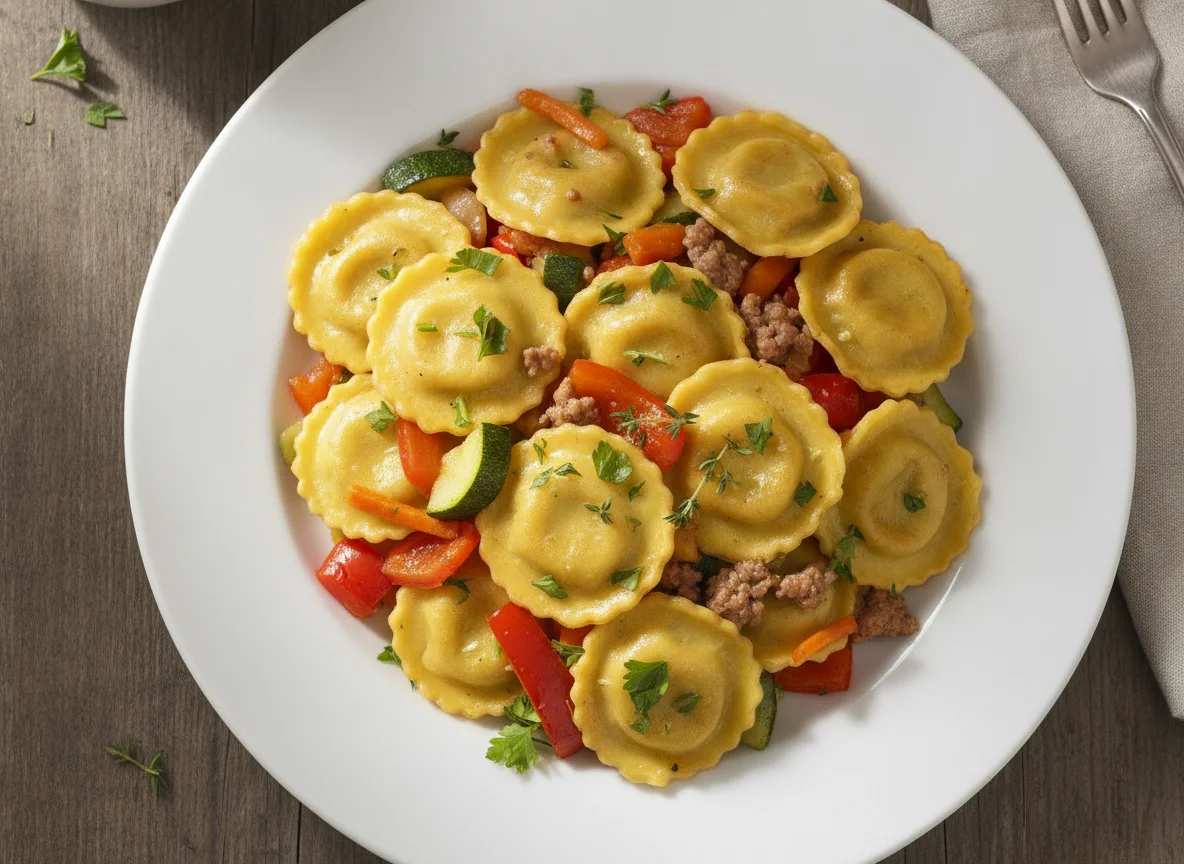 Ravioli mit Gemüsepfanne photo