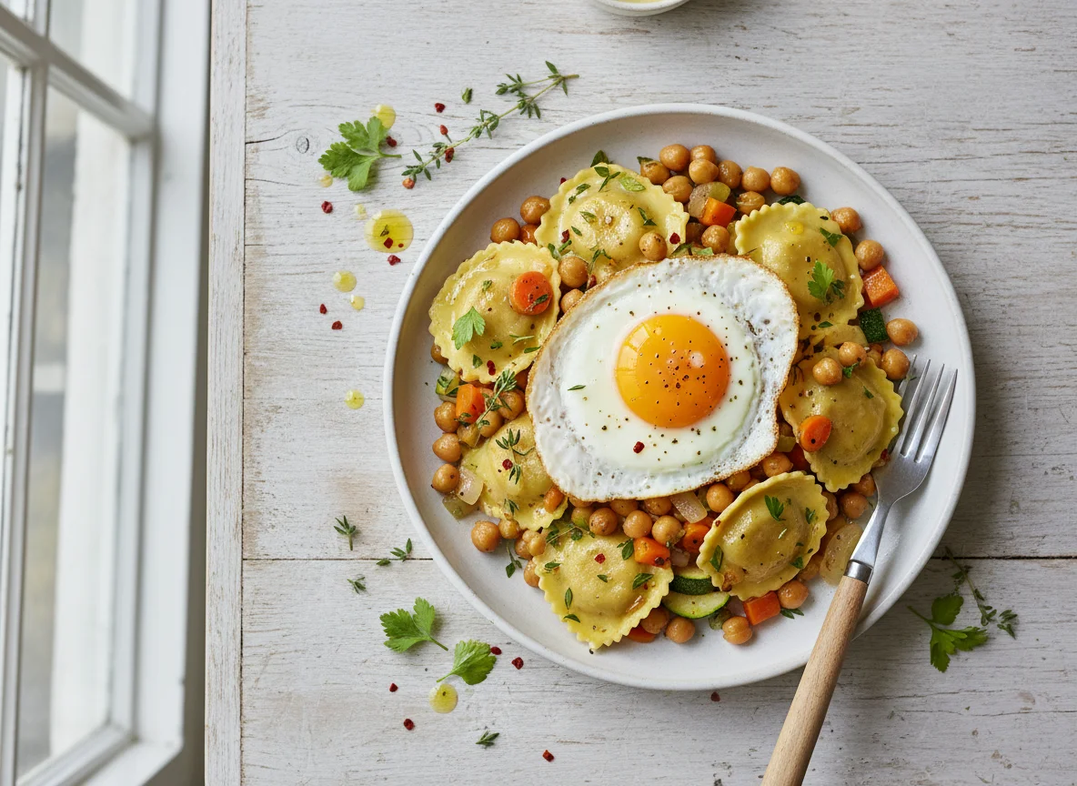 Ravioli mit Kichererbsen-Gemüse und Spiegelei photo