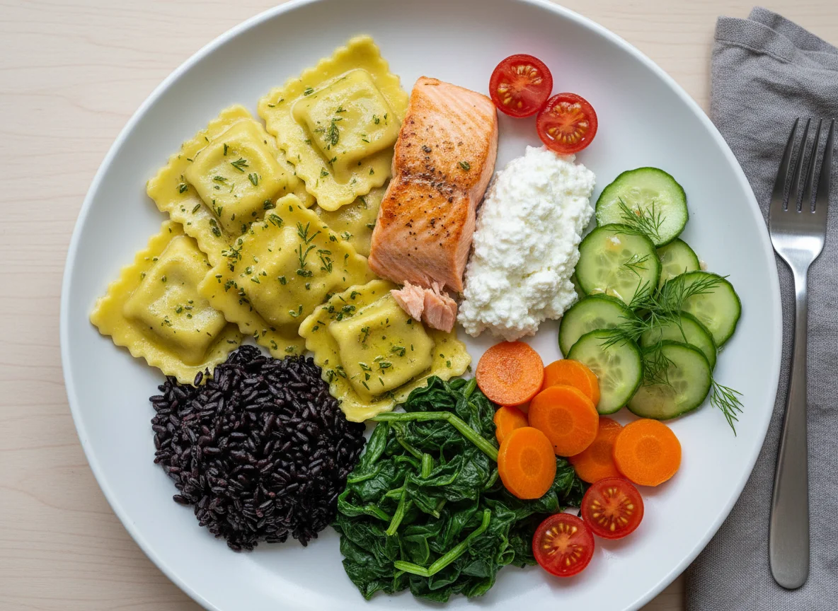Ravioli mit Lachs, Hüttenkäse und Gemüse photo