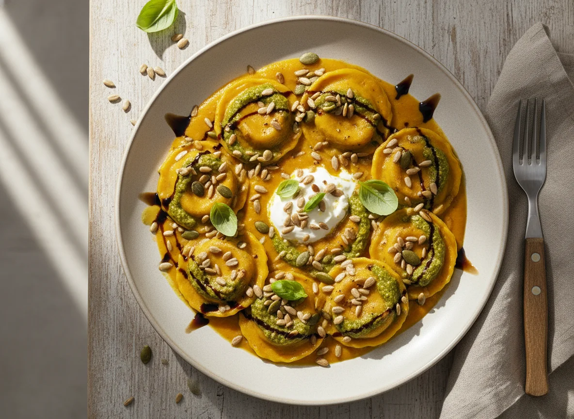 Ravioli mit Pesto, Kürbiscreme und Kernen photo