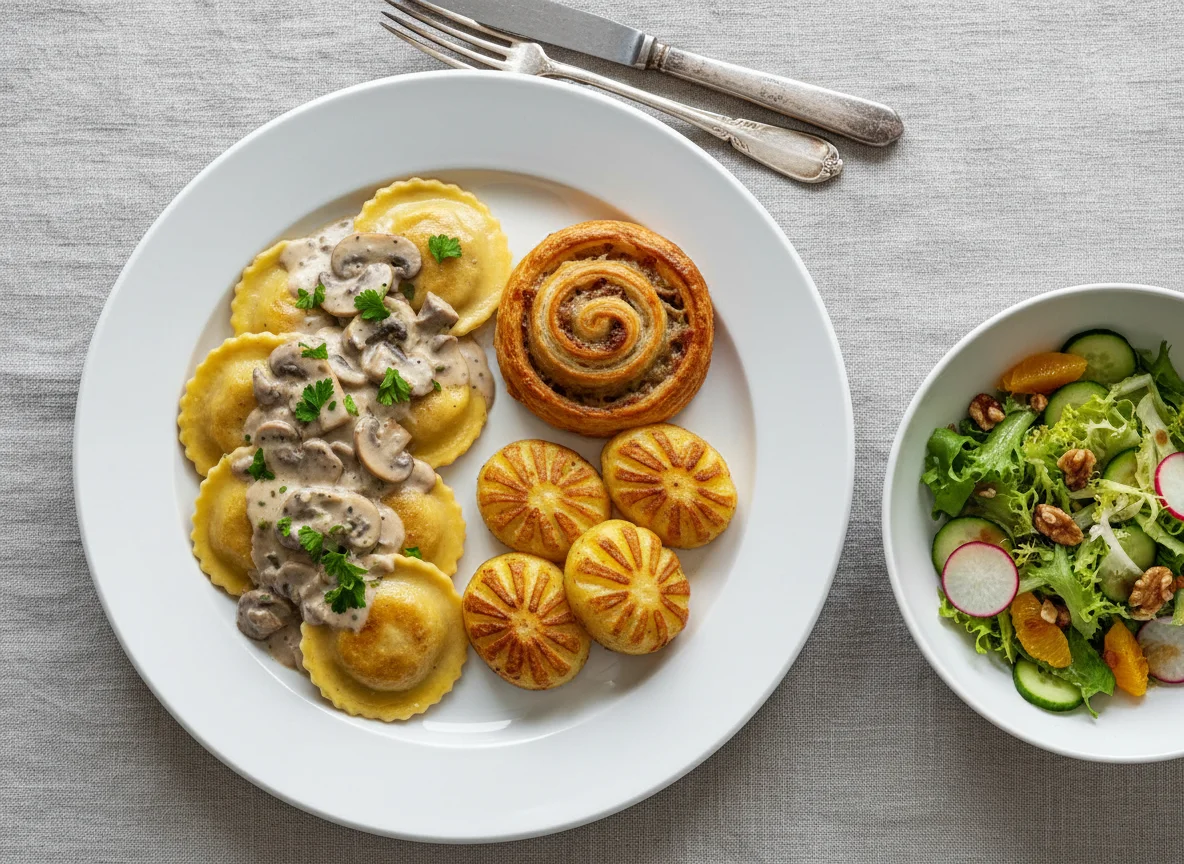 Ravioli mit Pilzrahmsoße, Blätterteiggebäck, Herzoginkartoffeln und Salat photo