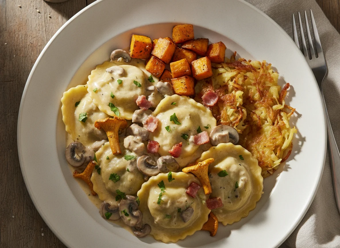 Ravioli mit Pilzsauce, Süsskartoffel und Speckwürfeln photo