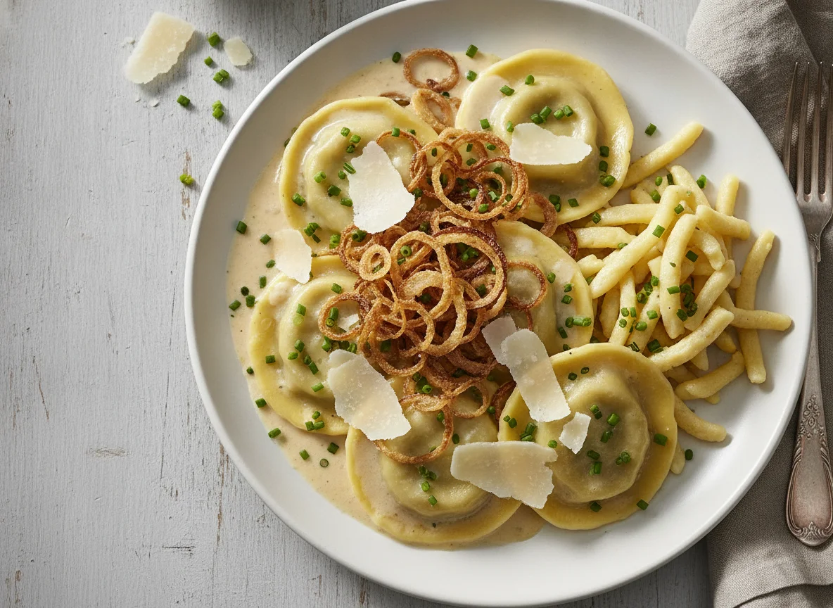 Ravioli mit Rahmsauce und Röstzwiebeln photo