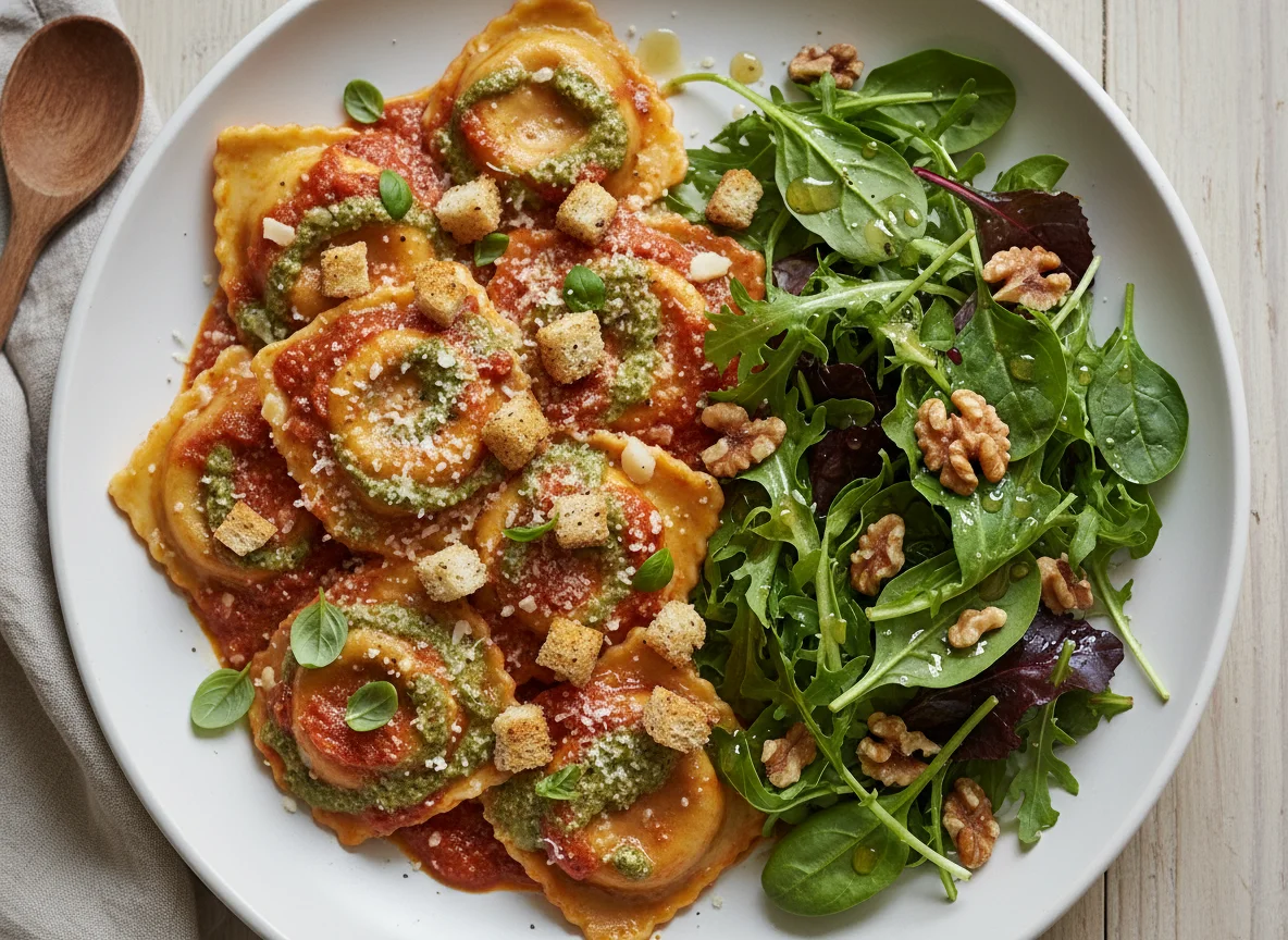 Ravioli mit Tomaten-Pesto-Sauce und Salat photo