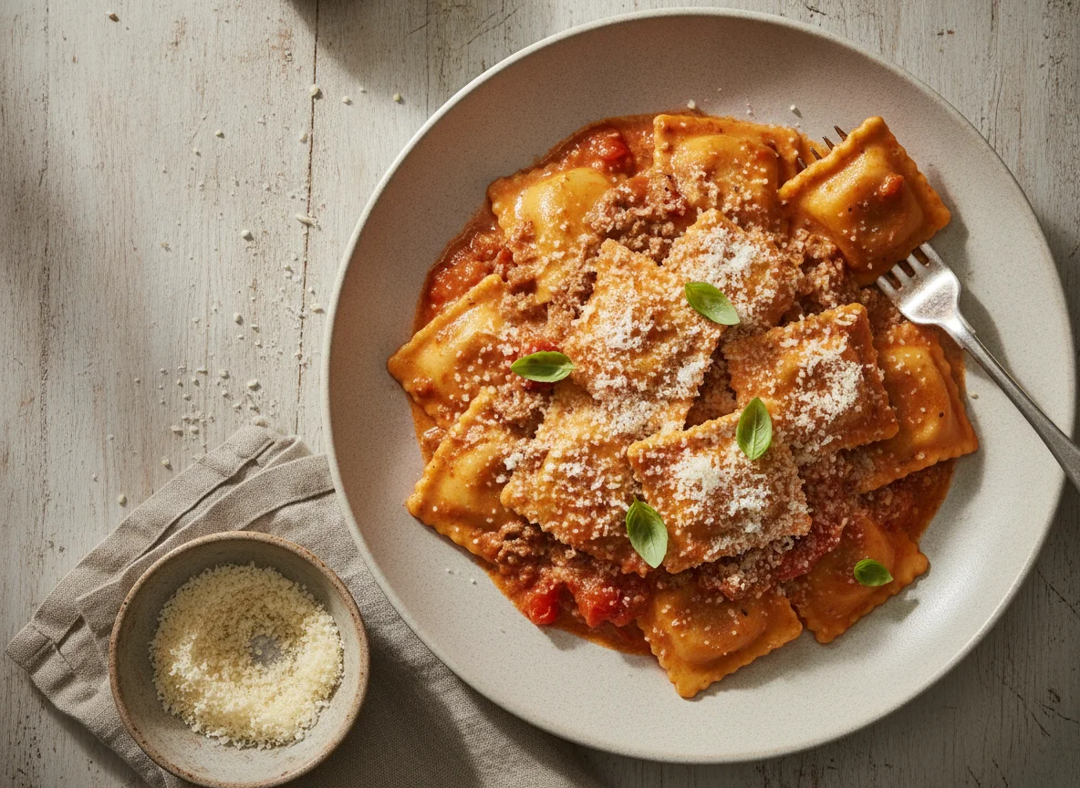 Ravioli mit Tomaten-Sahnesauce und Parmesan photo